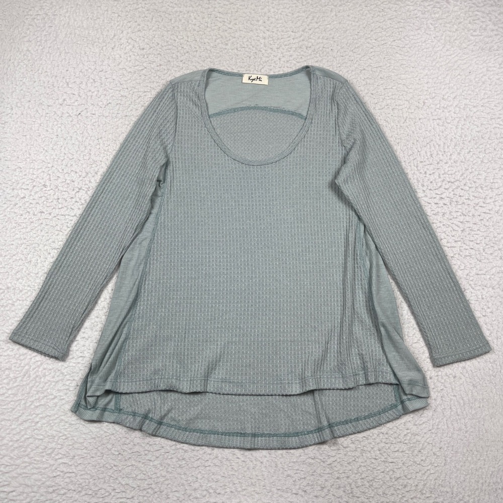 Kye Mi Thermal Top Womens L Blue Gray Waffle Knit Scoop Neck Casual Basic Cozy